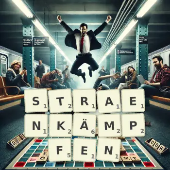 Kreative Illustration für ein Scrabble-Spiel, bei dem das Wort STRAENKÄMPFEN mit Steinen auf dem Brett gelegt wurde.