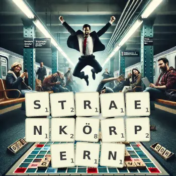 Kreative Illustration für ein Scrabble-Spiel, bei dem das Wort STRAENKÖRPERN mit Steinen auf dem Brett gelegt wurde.