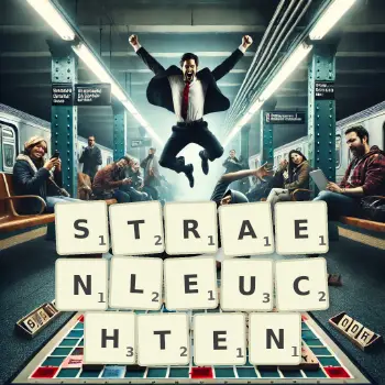 Kreative Illustration für ein Scrabble-Spiel, bei dem das Wort STRAENLEUCHTEN mit Steinen auf dem Brett gelegt wurde.