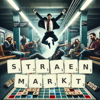 Kreative Illustration für ein Scrabble-Spiel, bei dem das Wort STRAENMARKT mit Steinen auf dem Brett gelegt wurde.