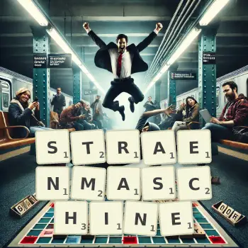 Kreative Illustration für ein Scrabble-Spiel, bei dem das Wort STRAENMASCHINE mit Steinen auf dem Brett gelegt wurde.