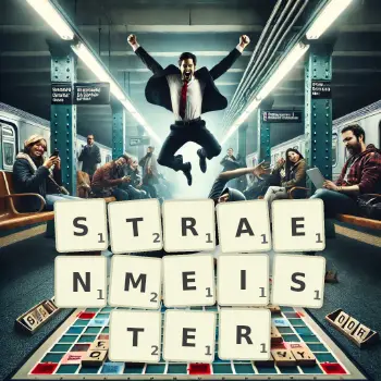 Kreative Illustration für ein Scrabble-Spiel, bei dem das Wort STRAENMEISTER mit Steinen auf dem Brett gelegt wurde.