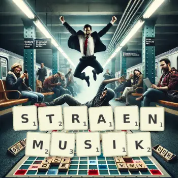 Kreative Illustration für ein Scrabble-Spiel, bei dem das Wort STRAENMUSIK mit Steinen auf dem Brett gelegt wurde.