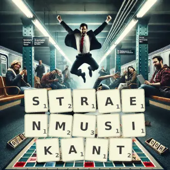 Kreative Illustration für ein Scrabble-Spiel, bei dem das Wort STRAENMUSIKANT mit Steinen auf dem Brett gelegt wurde.