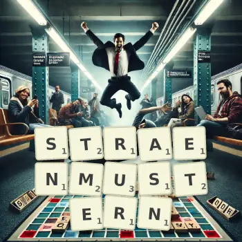 Kreative Illustration für ein Scrabble-Spiel, bei dem das Wort STRAENMUSTERN mit Steinen auf dem Brett gelegt wurde.