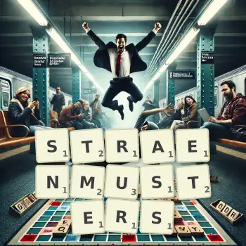 Kreative Illustration für ein Scrabble-Spiel, bei dem das Wort STRAENMUSTERS mit Steinen auf dem Brett gelegt wurde.