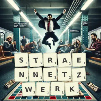 Kreative Illustration für ein Scrabble-Spiel, bei dem das Wort STRAENNETZWERK mit Steinen auf dem Brett gelegt wurde.