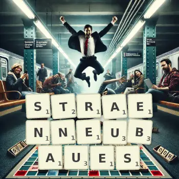 Kreative Illustration für ein Scrabble-Spiel, bei dem das Wort STRAENNEUBAUES mit Steinen auf dem Brett gelegt wurde.