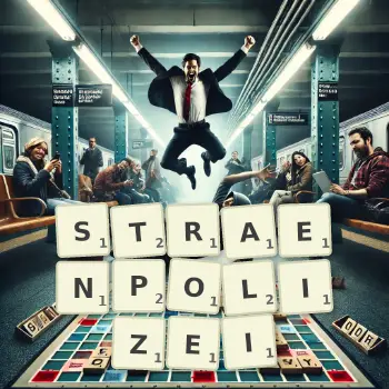 Kreative Illustration für ein Scrabble-Spiel, bei dem das Wort STRAENPOLIZEI mit Steinen auf dem Brett gelegt wurde.