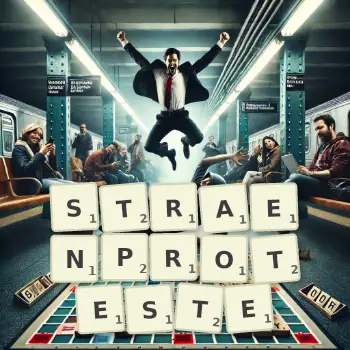 Kreative Illustration für ein Scrabble-Spiel, bei dem das Wort STRAENPROTESTE mit Steinen auf dem Brett gelegt wurde.