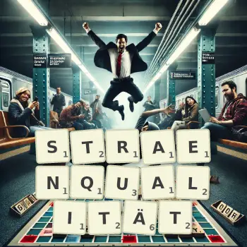 Kreative Illustration für ein Scrabble-Spiel, bei dem das Wort STRAENQUALITÄT mit Steinen auf dem Brett gelegt wurde.