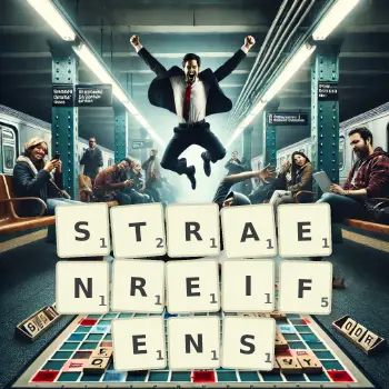 Kreative Illustration für ein Scrabble-Spiel, bei dem das Wort STRAENREIFENS mit Steinen auf dem Brett gelegt wurde.