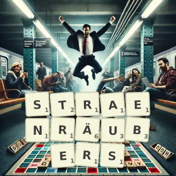 Kreative Illustration für ein Scrabble-Spiel, bei dem das Wort STRAENRÄUBERS mit Steinen auf dem Brett gelegt wurde.