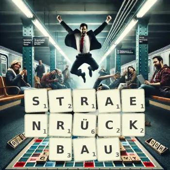 Kreative Illustration für ein Scrabble-Spiel, bei dem das Wort STRAENRÜCKBAU mit Steinen auf dem Brett gelegt wurde.