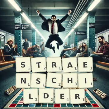 Kreative Illustration für ein Scrabble-Spiel, bei dem das Wort STRAENSCHILDER mit Steinen auf dem Brett gelegt wurde.