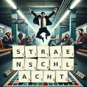 Kreative Illustration für ein Scrabble-Spiel, bei dem das Wort STRAENSCHLACHT mit Steinen auf dem Brett gelegt wurde.