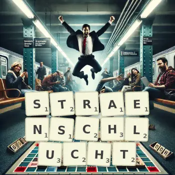 Kreative Illustration für ein Scrabble-Spiel, bei dem das Wort STRAENSCHLUCHT mit Steinen auf dem Brett gelegt wurde.