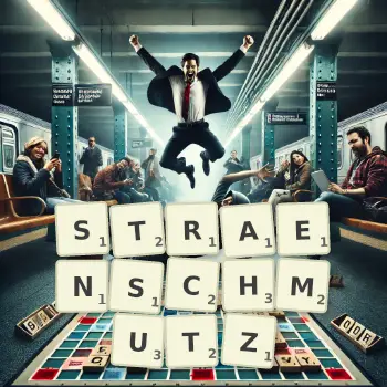 Kreative Illustration für ein Scrabble-Spiel, bei dem das Wort STRAENSCHMUTZ mit Steinen auf dem Brett gelegt wurde.