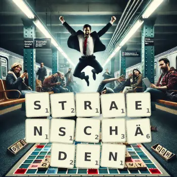 Kreative Illustration für ein Scrabble-Spiel, bei dem das Wort STRAENSCHÄDEN mit Steinen auf dem Brett gelegt wurde.