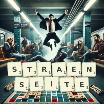 Kreative Illustration für ein Scrabble-Spiel, bei dem das Wort STRAENSEITE mit Steinen auf dem Brett gelegt wurde.