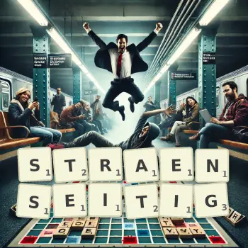 Kreative Illustration für ein Scrabble-Spiel, bei dem das Wort STRAENSEITIG mit Steinen auf dem Brett gelegt wurde.
