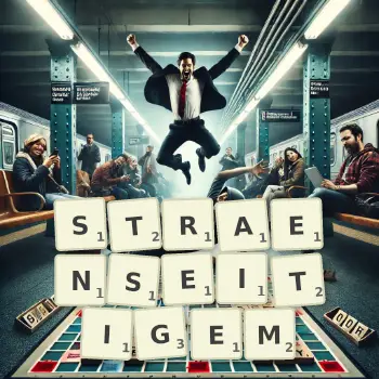 Kreative Illustration für ein Scrabble-Spiel, bei dem das Wort STRAENSEITIGEM mit Steinen auf dem Brett gelegt wurde.