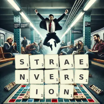 Kreative Illustration für ein Scrabble-Spiel, bei dem das Wort STRAENVERSION mit Steinen auf dem Brett gelegt wurde.