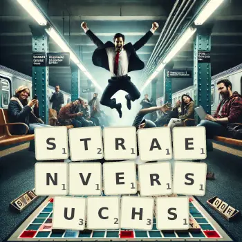 Kreative Illustration für ein Scrabble-Spiel, bei dem das Wort STRAENVERSUCHS mit Steinen auf dem Brett gelegt wurde.
