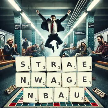 Kreative Illustration für ein Scrabble-Spiel, bei dem das Wort STRAENWAGENBAU mit Steinen auf dem Brett gelegt wurde.