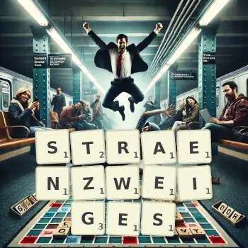 Kreative Illustration für ein Scrabble-Spiel, bei dem das Wort STRAENZWEIGES mit Steinen auf dem Brett gelegt wurde.