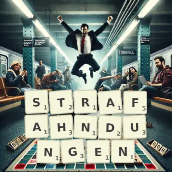Kreative Illustration für ein Scrabble-Spiel, bei dem das Wort STRAFAHNDUNGEN mit Steinen auf dem Brett gelegt wurde.
