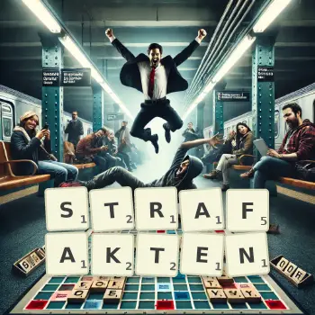 Kreative Illustration für ein Scrabble-Spiel, bei dem das Wort STRAFAKTEN mit Steinen auf dem Brett gelegt wurde.