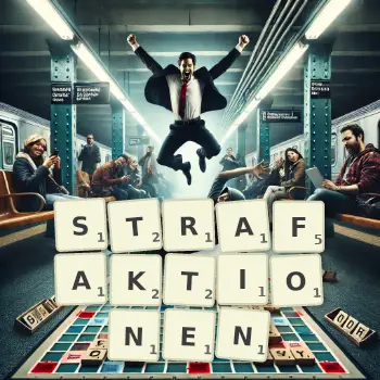Kreative Illustration für ein Scrabble-Spiel, bei dem das Wort STRAFAKTIONEN mit Steinen auf dem Brett gelegt wurde.