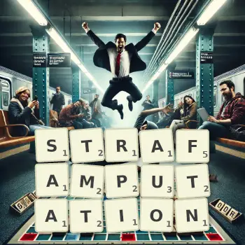 Kreative Illustration für ein Scrabble-Spiel, bei dem das Wort STRAFAMPUTATION mit Steinen auf dem Brett gelegt wurde.