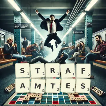 Kreative Illustration für ein Scrabble-Spiel, bei dem das Wort STRAFAMTES mit Steinen auf dem Brett gelegt wurde.