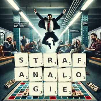 Kreative Illustration für ein Scrabble-Spiel, bei dem das Wort STRAFANALOGIE mit Steinen auf dem Brett gelegt wurde.