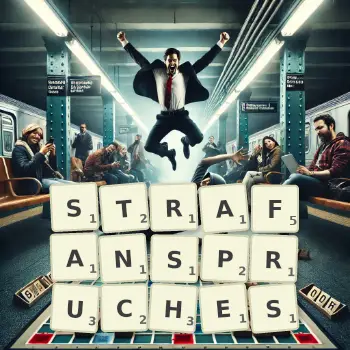 Kreative Illustration für ein Scrabble-Spiel, bei dem das Wort STRAFANSPRUCHES mit Steinen auf dem Brett gelegt wurde.