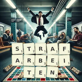 Kreative Illustration für ein Scrabble-Spiel, bei dem das Wort STRAFARBEITEN mit Steinen auf dem Brett gelegt wurde.