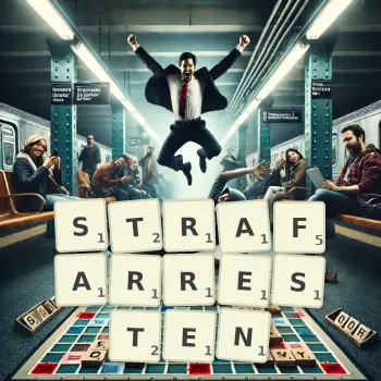 Kreative Illustration für ein Scrabble-Spiel, bei dem das Wort STRAFARRESTEN mit Steinen auf dem Brett gelegt wurde.