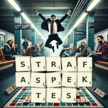 Kreative Illustration für ein Scrabble-Spiel, bei dem das Wort STRAFASPEKTES mit Steinen auf dem Brett gelegt wurde.