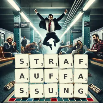 Kreative Illustration für ein Scrabble-Spiel, bei dem das Wort STRAFAUFFASSUNG mit Steinen auf dem Brett gelegt wurde.