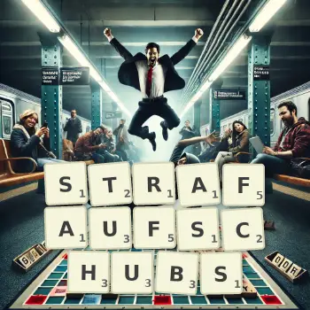 Kreative Illustration für ein Scrabble-Spiel, bei dem das Wort STRAFAUFSCHUBS mit Steinen auf dem Brett gelegt wurde.