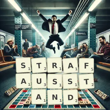 Kreative Illustration für ein Scrabble-Spiel, bei dem das Wort STRAFAUSSTAND mit Steinen auf dem Brett gelegt wurde.