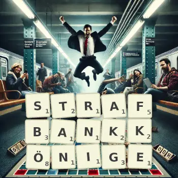 Kreative Illustration für ein Scrabble-Spiel, bei dem das Wort STRAFBANKKÖNIGE mit Steinen auf dem Brett gelegt wurde.