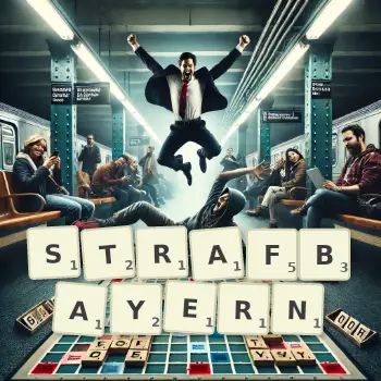 Kreative Illustration für ein Scrabble-Spiel, bei dem das Wort STRAFBAYERN mit Steinen auf dem Brett gelegt wurde.