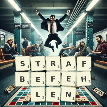 Kreative Illustration für ein Scrabble-Spiel, bei dem das Wort STRAFBEFEHLEN mit Steinen auf dem Brett gelegt wurde.