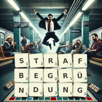 Kreative Illustration für ein Scrabble-Spiel, bei dem das Wort STRAFBEGRÜNDUNG mit Steinen auf dem Brett gelegt wurde.