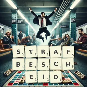 Kreative Illustration für ein Scrabble-Spiel, bei dem das Wort STRAFBESCHEID mit Steinen auf dem Brett gelegt wurde.
