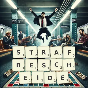 Kreative Illustration für ein Scrabble-Spiel, bei dem das Wort STRAFBESCHEIDE mit Steinen auf dem Brett gelegt wurde.