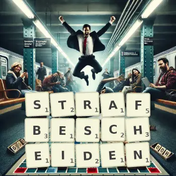 Kreative Illustration für ein Scrabble-Spiel, bei dem das Wort STRAFBESCHEIDEN mit Steinen auf dem Brett gelegt wurde.